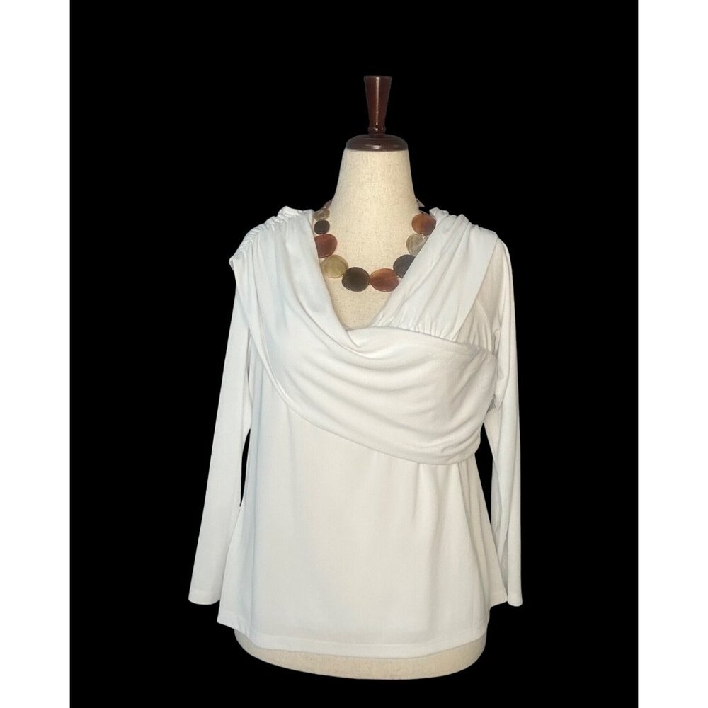 Donna Karan New York White Drape Cowl Neck Long Sleeve Top XL